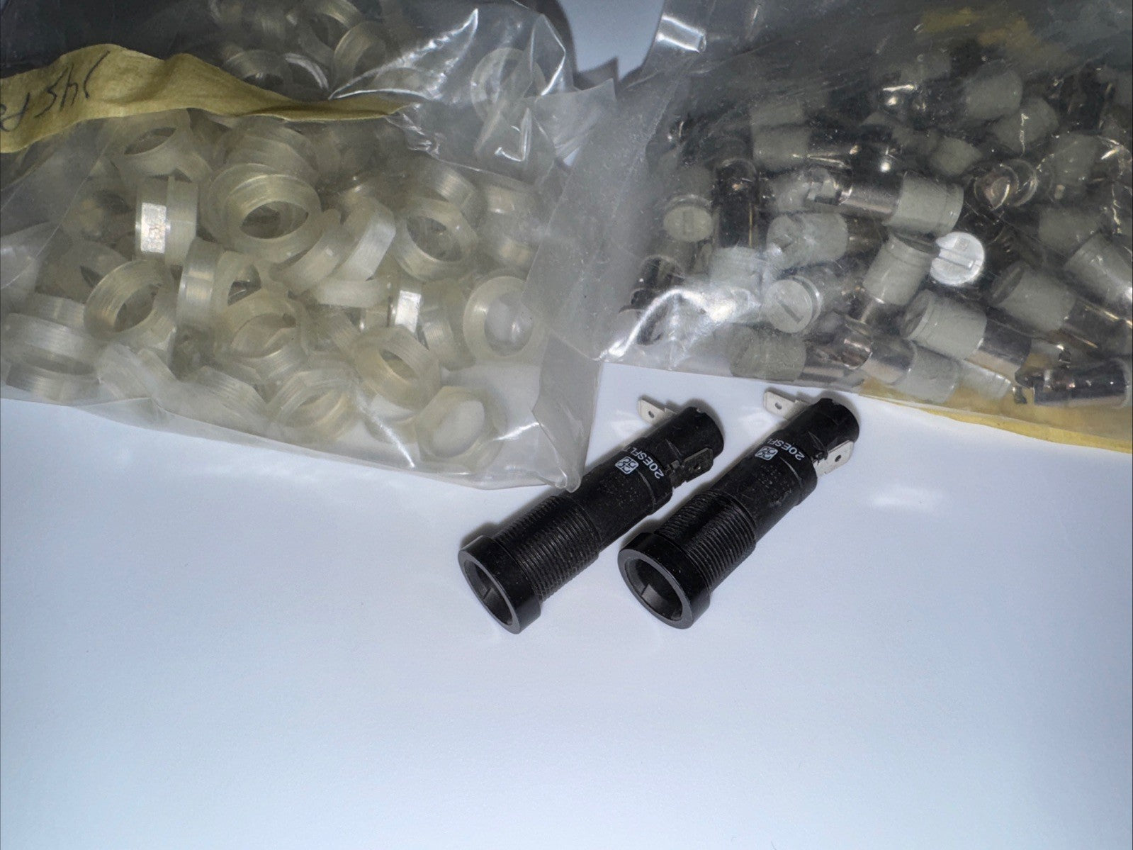 5 QTY Corcom 20ESFLTN1 | 20A 250V | Threaded Panel Mount Fuse Holder with surrounding components.