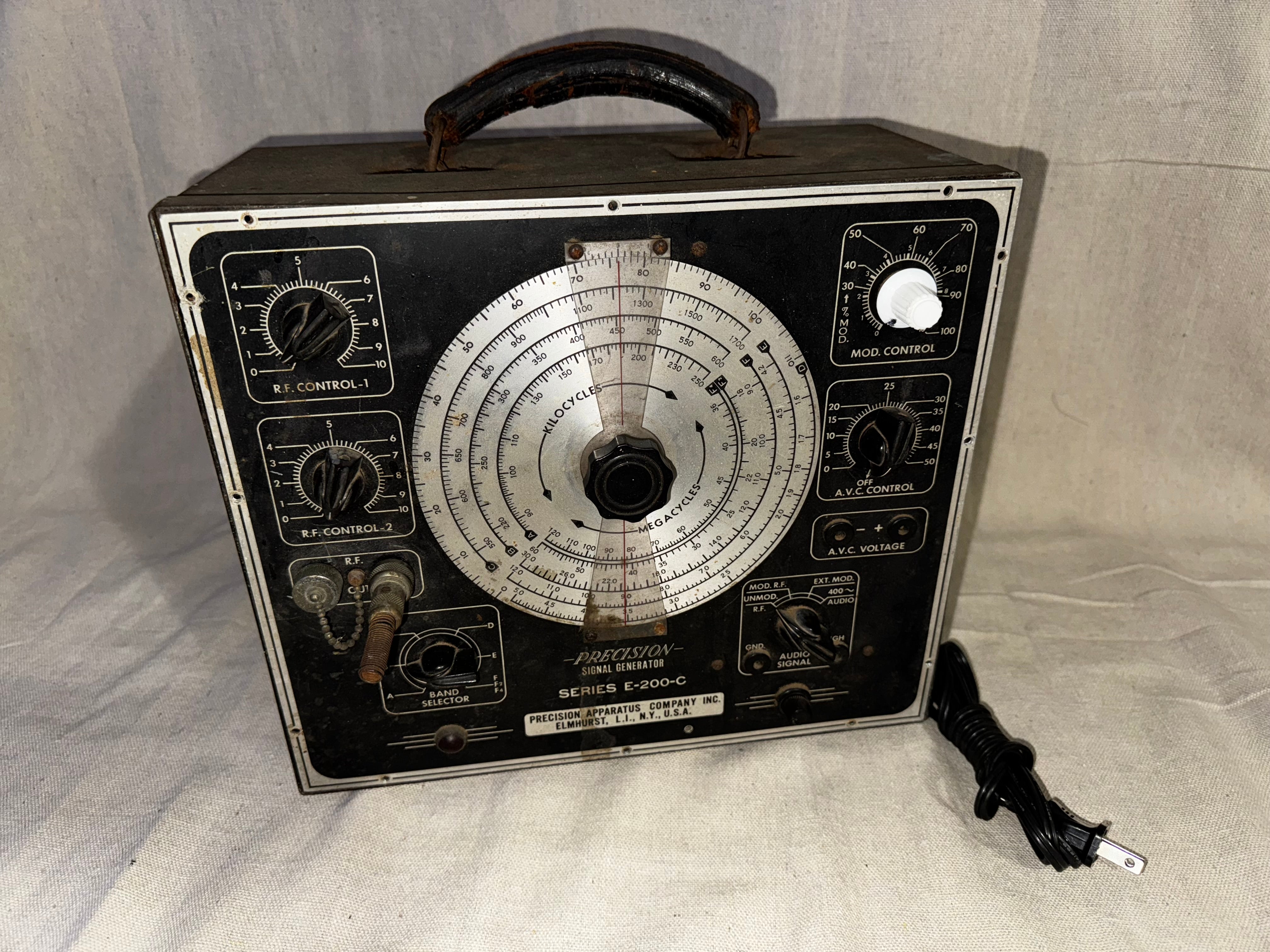 Precision Signal Generator Series E-200-C Precision Apparatus Co. USA front view showing controls and connectors.