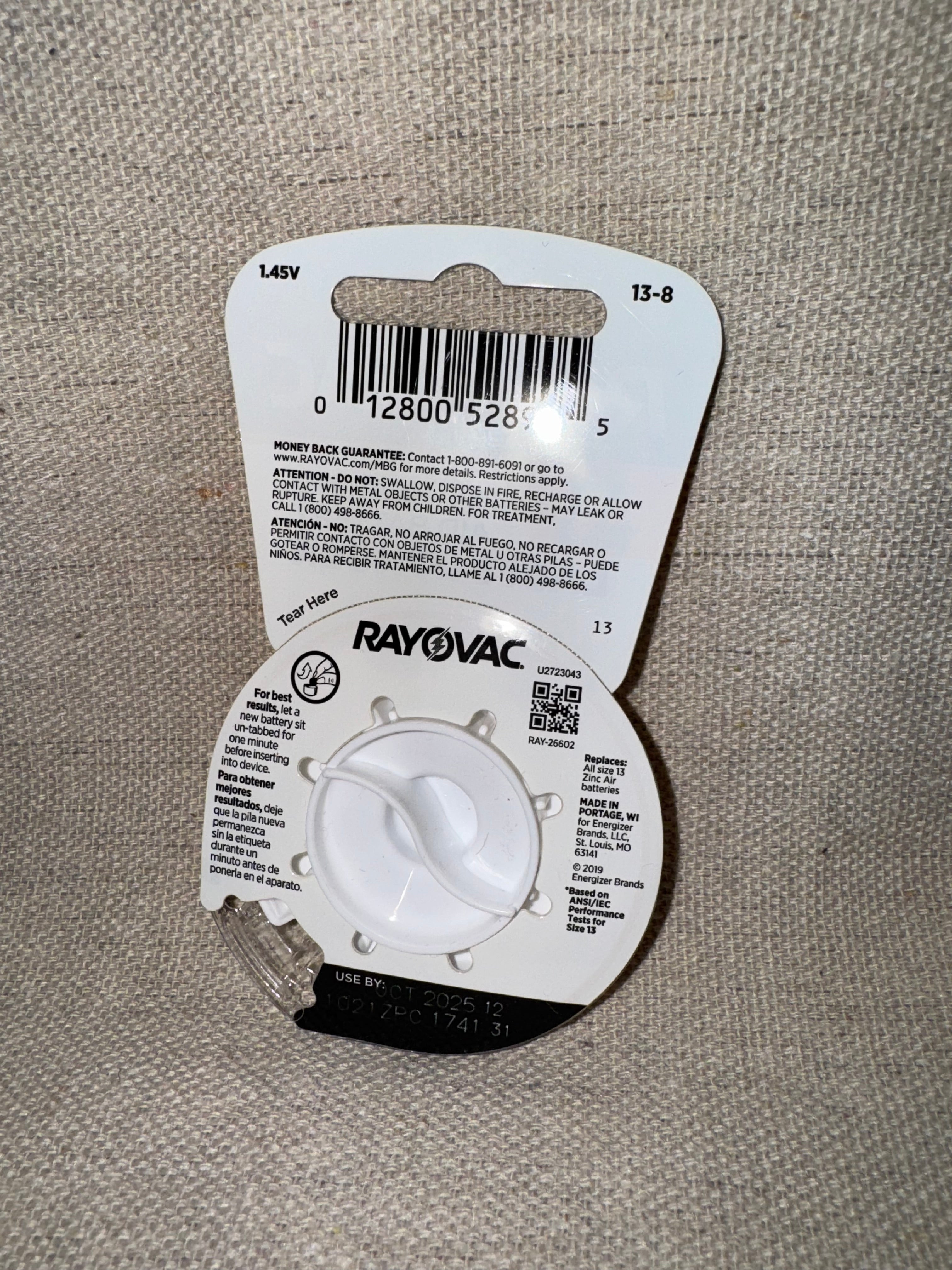 Rayovac Hearing Aid Batteries Size 13 1 Pack of 8 Exp. 10/2025