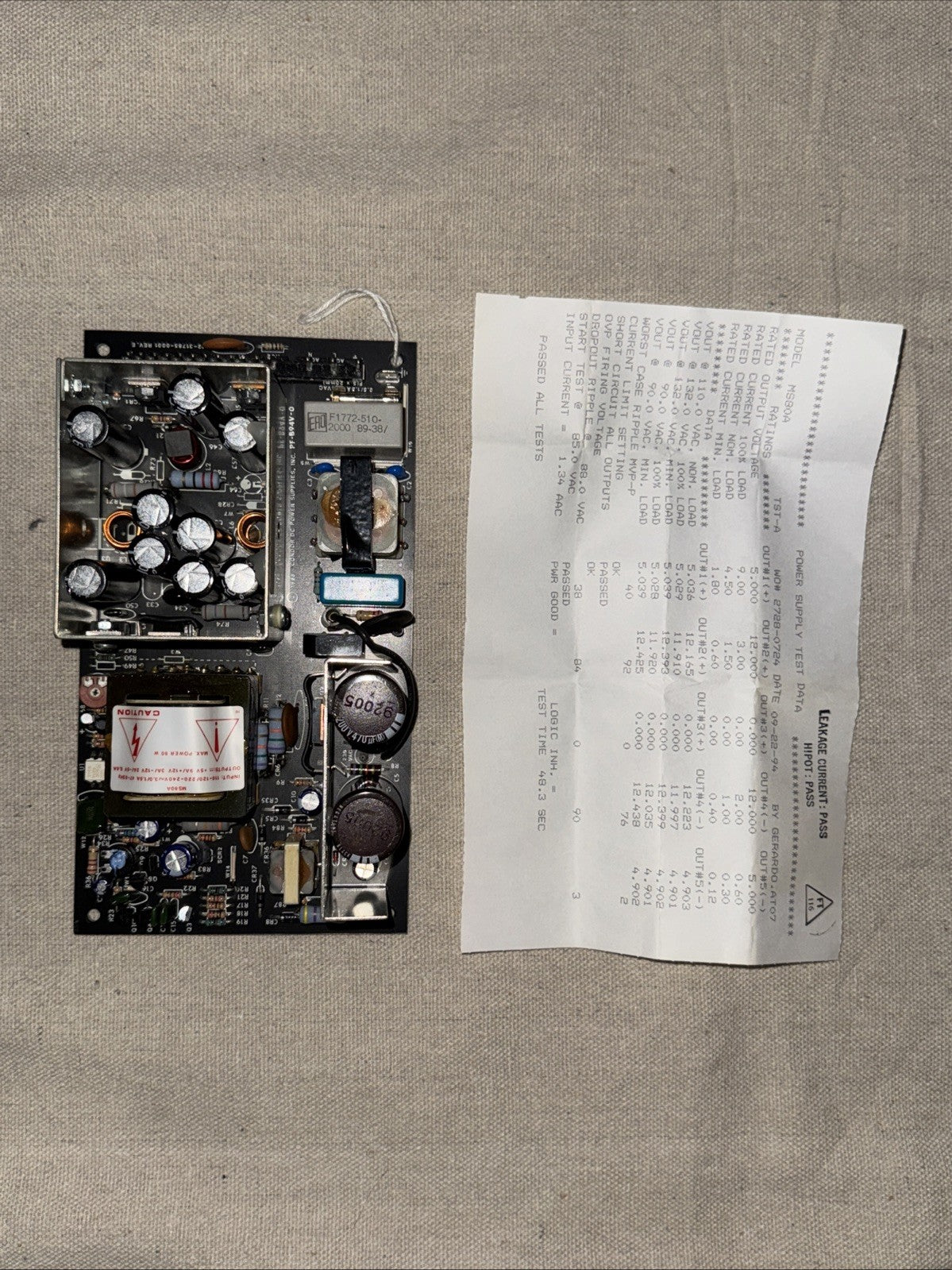 New Condor MS80A Power Supply | Factory Burn-In Tested | 1994 Data | 80W Medical circuit board and test data sheet.