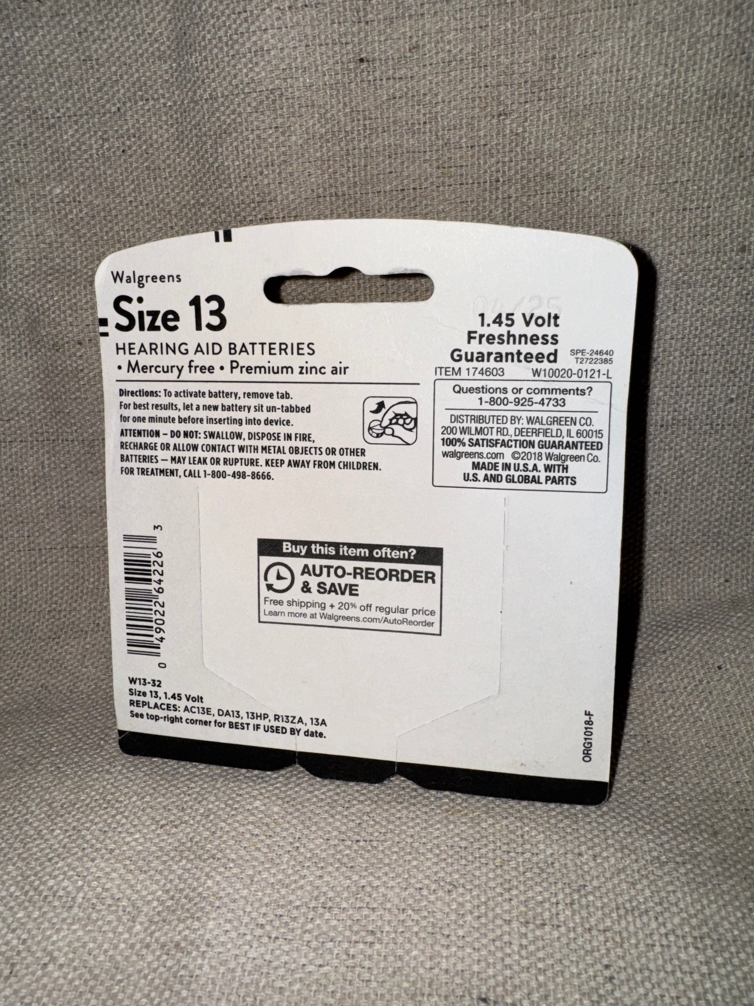 Walgreens Hearing Aid Batteries Size 13 32-Pack 1.45 Volt mercury free Exp 04/25