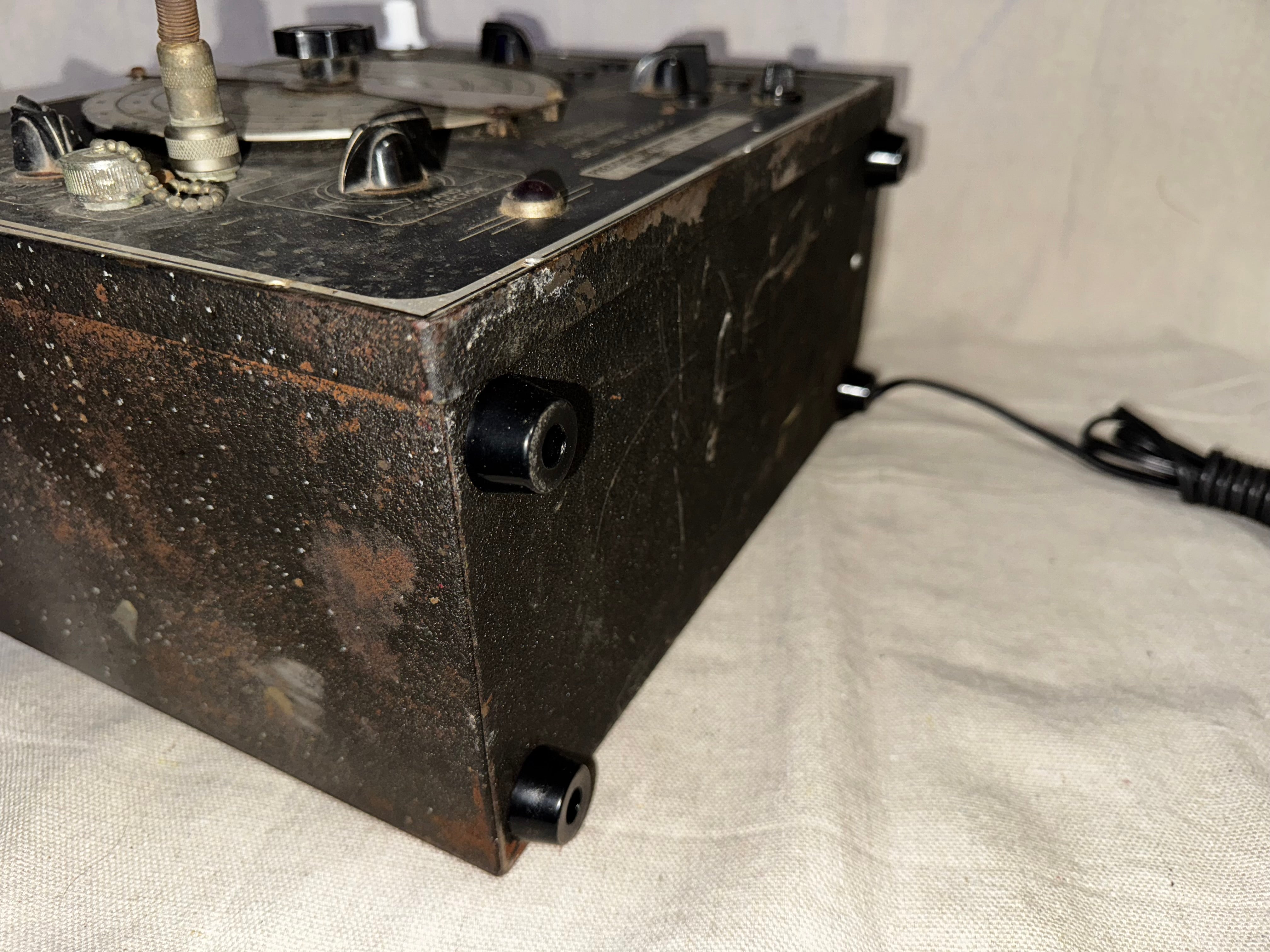 Precision Signal Generator Series E-200-C Precision Apparatus Co. USA showing rusted metallic body and connections.