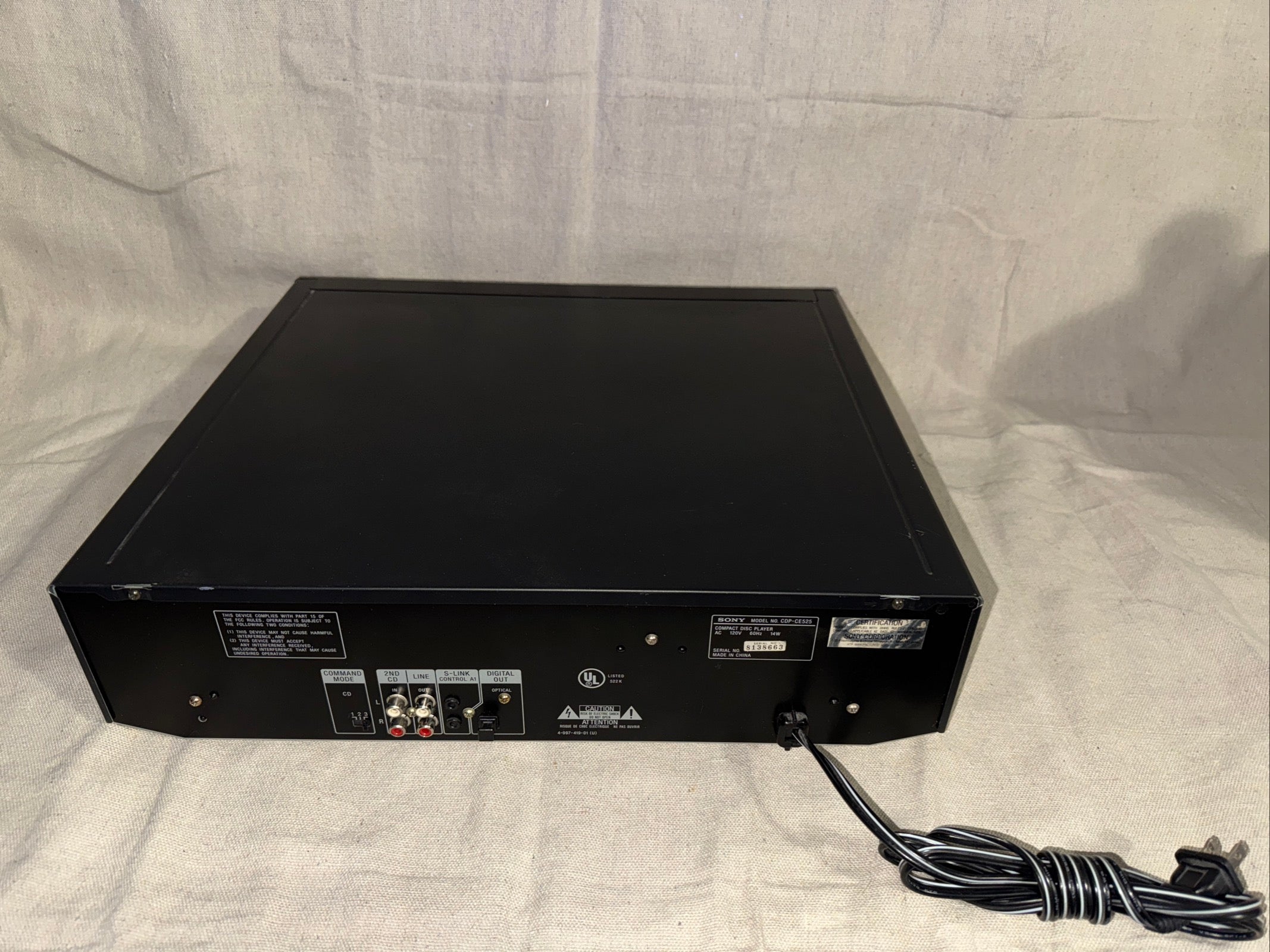 Serviced Sony CDP-CE525 rear view connectivity and power options for high-quality audio performance.