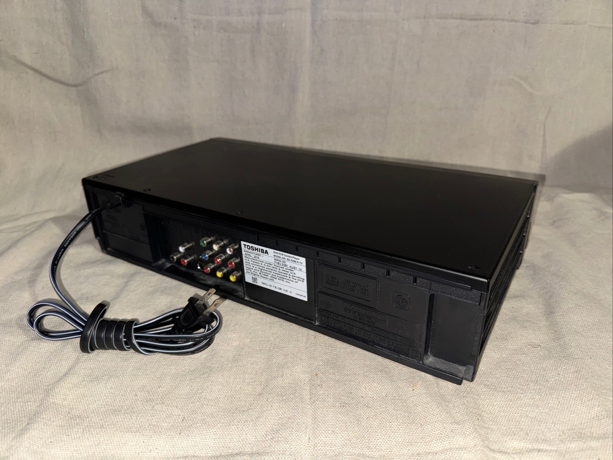 Serviced Toshiba SD-V296 DVD VHS Recorder With Remote back view showing ports and cables.