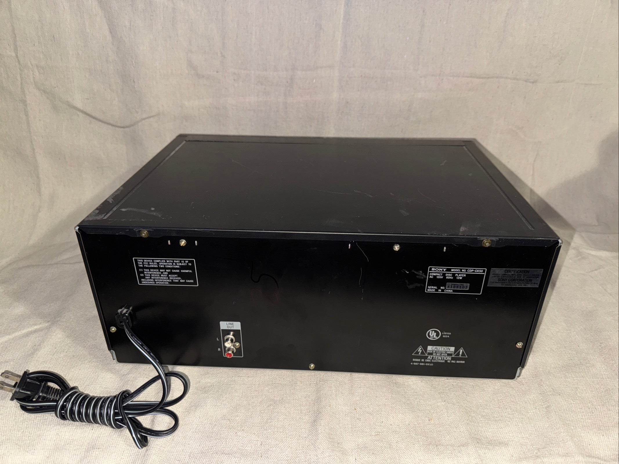 Back view of a serviced Sony CDP-CX50, showing connections and physical condition for product listing.