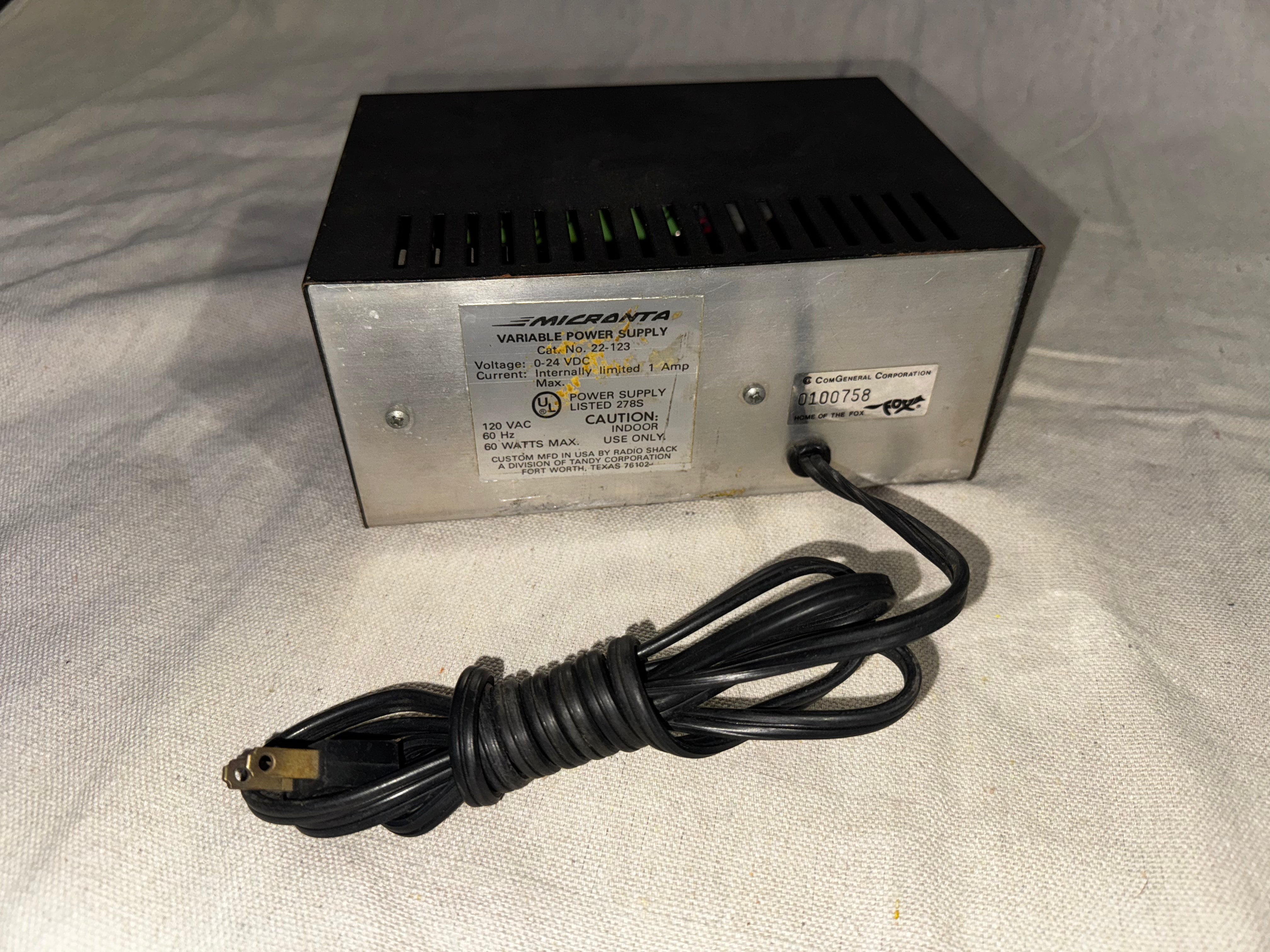Micronta Radio Shack Variable DC Power Supply 0-24V 1A Cat. No. 22-123