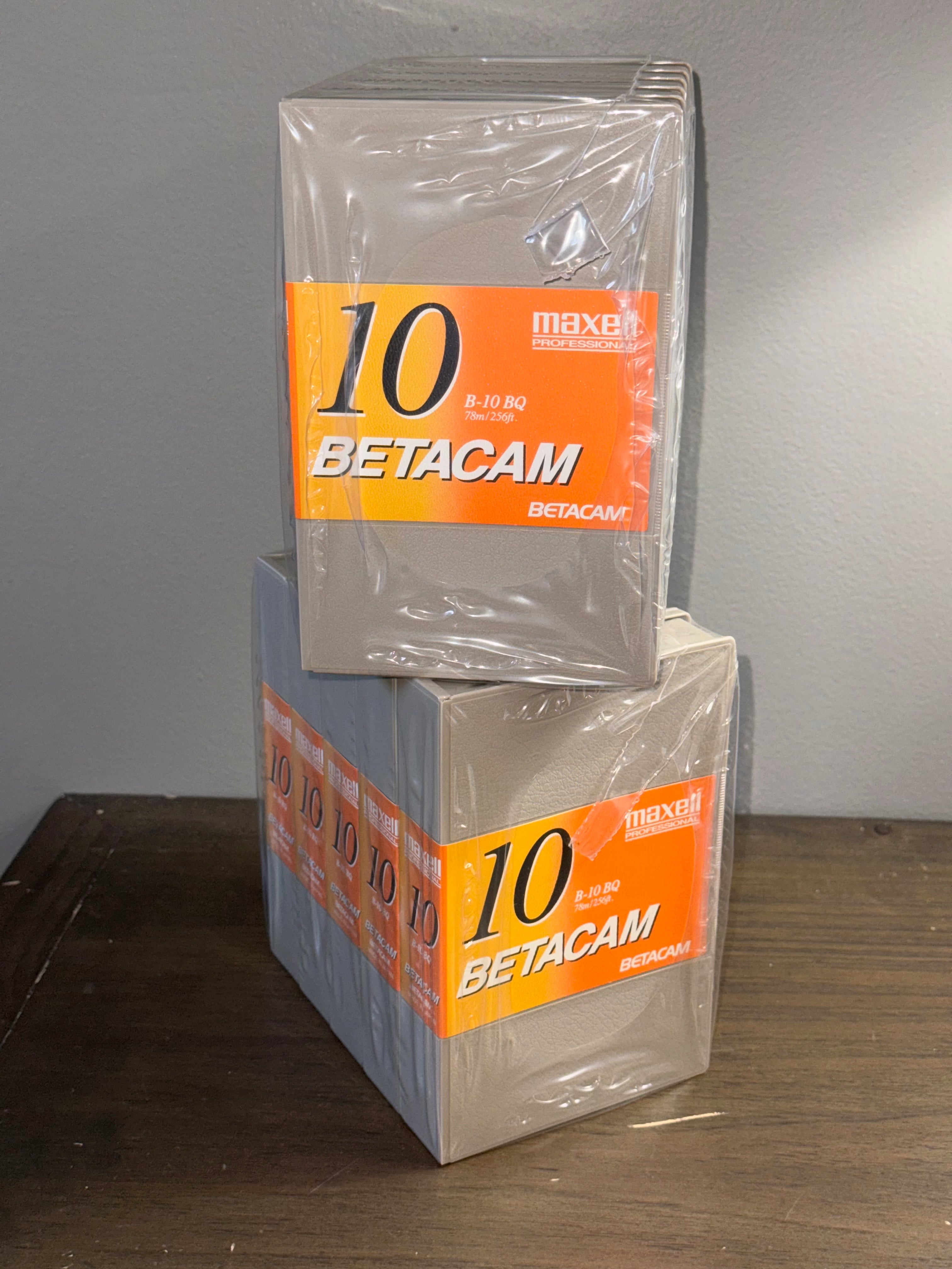Maxell Professional B-10 BQ Blank Betacam Tape Lot Of 10 Tapes displayed in sealed packaging.