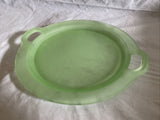 10.5” Frosted Vintage Green Uranium Vaseline Glass Cake Plate Platter Handles