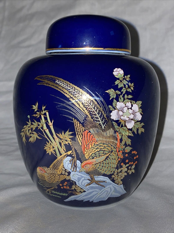 5” Navy Blue Vase With Lid Japanese Colorful Birds Peacocks Bamboo Flower