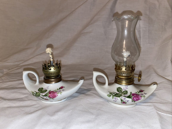 2 Vintage Mini Floral Porcelain & Clear Glass Oil Lamps Aladdin Genie Style 5”