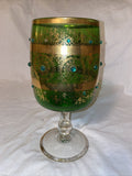 10” Tall Large Green And Gold Glass Beaded Goblet