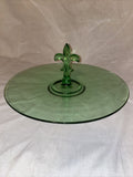 French Fostoria Vaseline Uranium Glass Sandwich Platter Fleur De Lis Handle