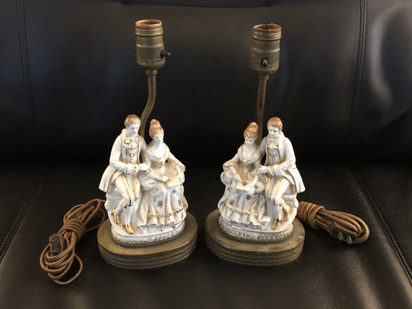 12” Victorian  Lamps Man & Woman Reading Porcelain - Set of 2