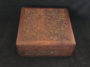 Vintage Hand Carved Square Trinket Wood Box