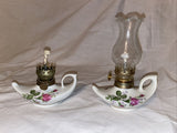 2 Vintage Mini Floral Porcelain & Clear Glass Oil Lamps Aladdin Genie Style 5”