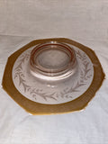 11” Vintage Pink Gold Leaf Trim Flower Wheat Etch Console Bowl