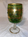 10” Tall Large Green And Gold Glass Beaded Goblet