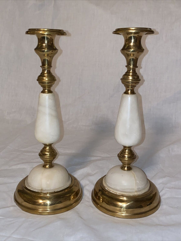 10” Metal Brass Colored Weighted Stone Substance Candlestick Holders