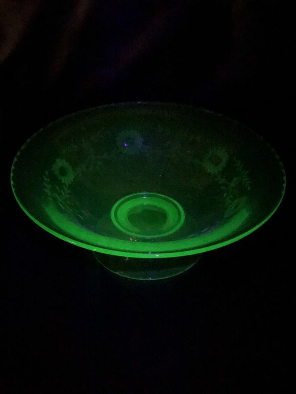 10.5” Floral & Cherry Design Uranium Glass Console Bowl