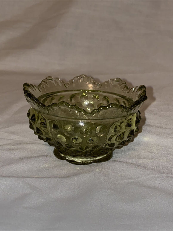 3” Fenton Avocado Green Scalloped Hobnail Taper Candle Holder with Flower Bowl