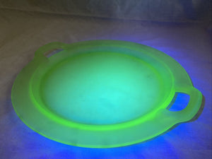 10.5” Frosted Vintage Green Uranium Vaseline Glass Cake Plate Platter Handles