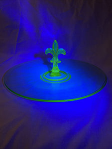 French Fostoria Vaseline Uranium Glass Sandwich Platter Fleur De Lis Handle