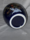 5” Navy Blue Vase With Lid Japanese Colorful Birds Peacocks Bamboo Flower